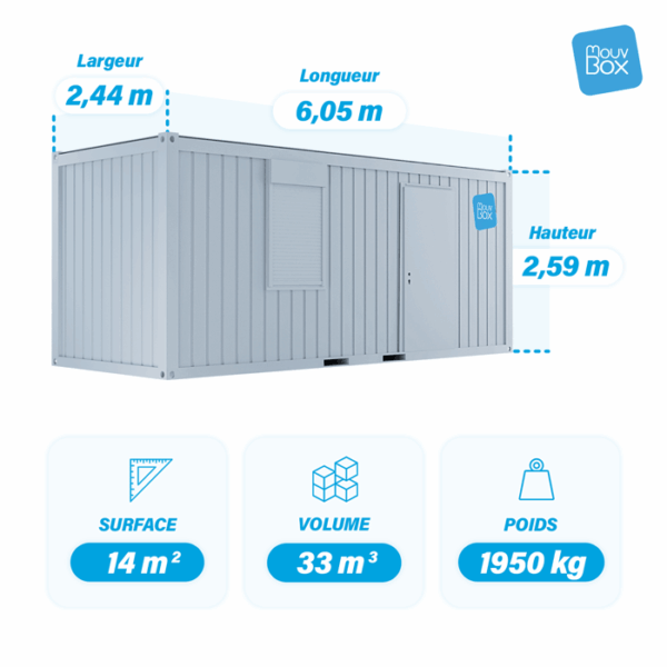 Bureau modulaire 20 pieds 1 porte, 1 fenêtre