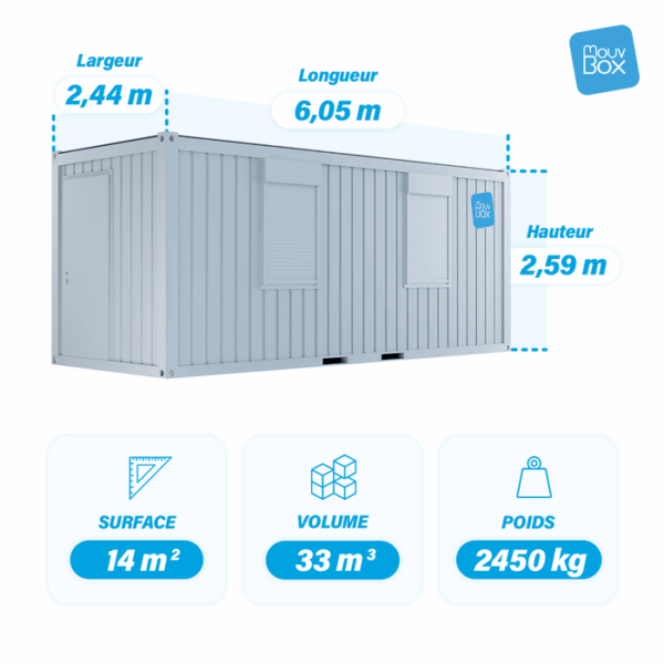 Bureau modulaire 20 pieds 1 porte, 2 fenêtres